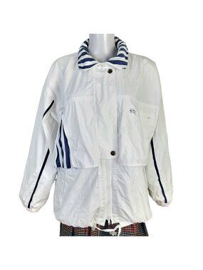 London Fog Vintage 80s Utility Jacket Women Large Hood Outdoors Coat White Blue